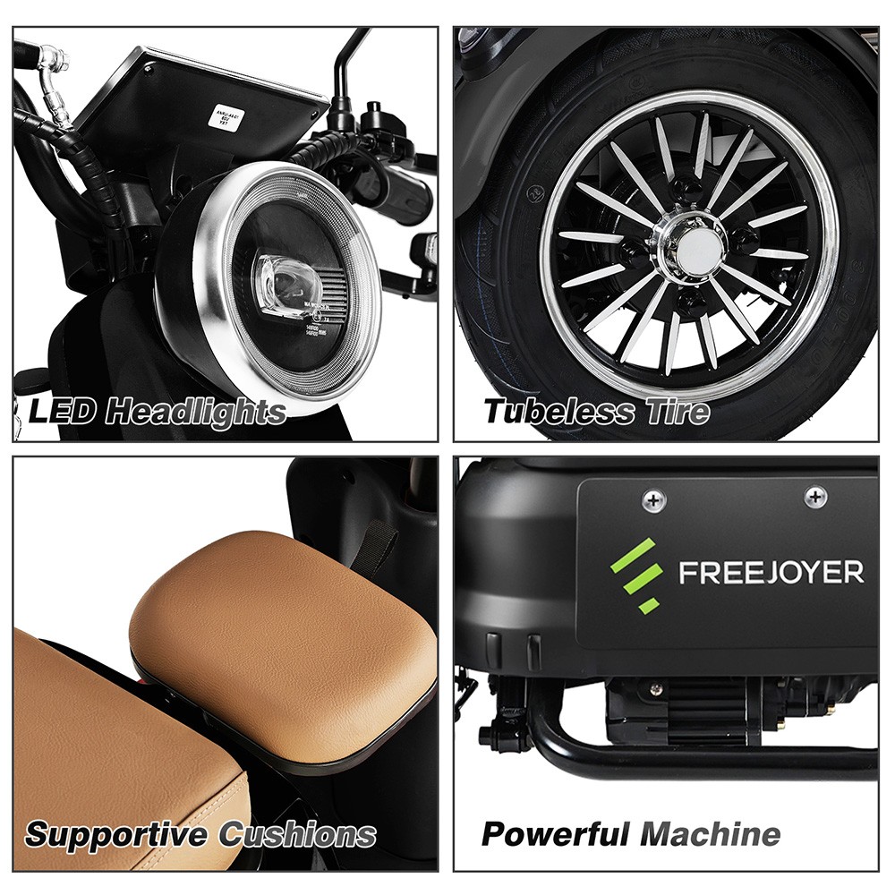 Triciclo eléctrico Freejoyer FV6, motor de 1000 W, batería de 60 V 20 Ah, neumáticos de 10 x 3 pulgadas, velocidad máxima 25 km/h, autonomía 55 km, freno de disco delantero y freno de tambor trasero, horquilla delantera hidráulica - Negro