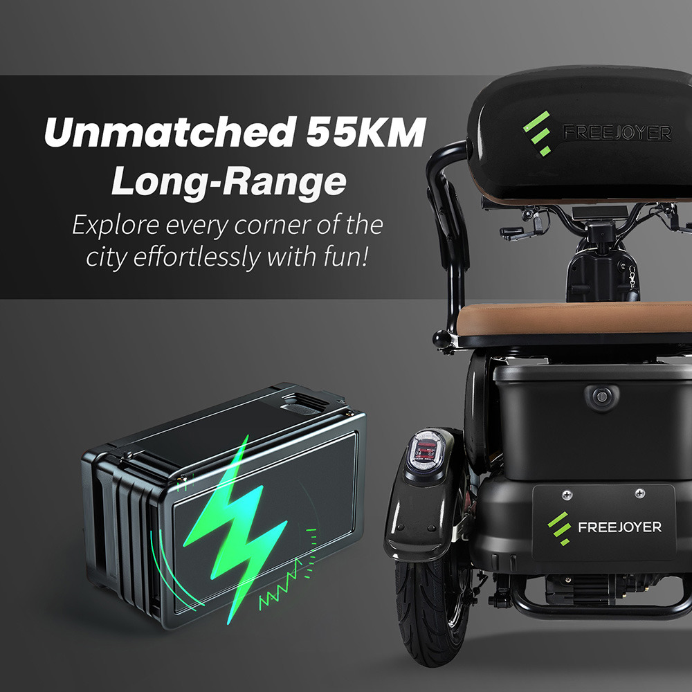 Triciclo eléctrico Freejoyer FV6, motor de 1000 W, batería de 60 V 20 Ah, neumáticos de 10 x 3 pulgadas, velocidad máxima 25 km/h, autonomía 55 km, freno de disco delantero y freno de tambor trasero, horquilla delantera hidráulica - Negro