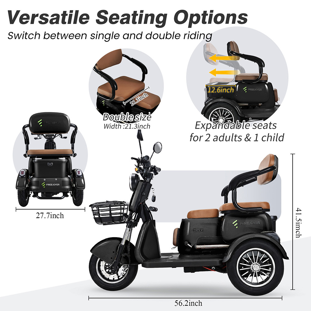 Triciclo eléctrico Freejoyer FV6, motor de 1000 W, batería de 60 V 20 Ah, neumáticos de 10 x 3 pulgadas, velocidad máxima 25 km/h, autonomía 55 km, freno de disco delantero y freno de tambor trasero, horquilla delantera hidráulica - Negro