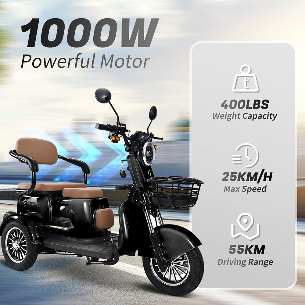 Triciclo eléctrico Freejoyer FV6, motor de 1000 W, batería de 60 V 20 Ah, neumáticos de 10 x 3 pulgadas, velocidad máxima 25 km/h, autonomía 55 km, freno de disco delantero y freno de tambor trasero, horquilla delantera hidráulica - Negro