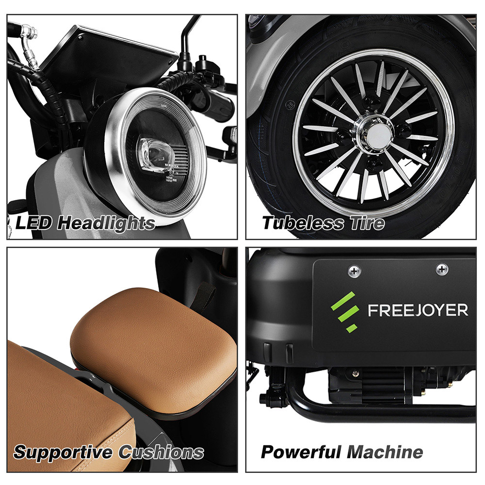 Triciclu electric Freejoyer FV6, motor 1000 W, baterie 60 V 20 Ah, anvelopă 10 x 3 inci, viteză maximă 25 km/h, autonomie 55 km, frână pe disc față și frână cu tambur spate, furcă hidraulică față - Gri