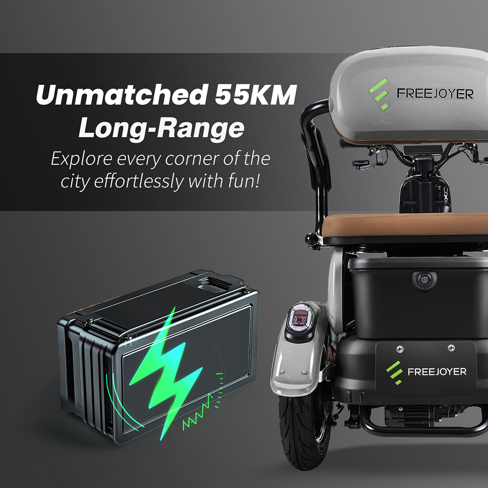 Triciclu electric Freejoyer FV6, motor 1000 W, baterie 60 V 20 Ah, anvelopă 10 x 3 inci, viteză maximă 25 km/h, autonomie 55 km, frână pe disc față și frână cu tambur spate, furcă hidraulică față - Gri