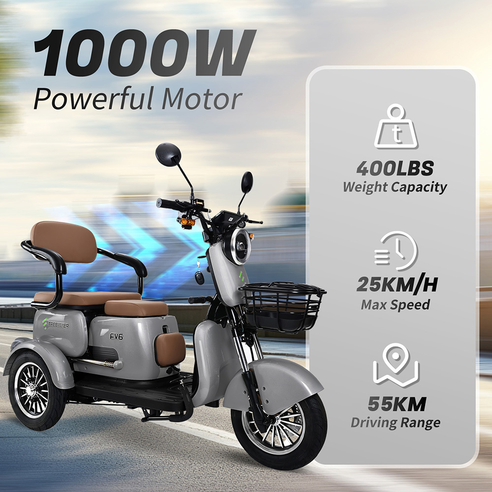 Triciclu electric Freejoyer FV6, motor 1000 W, baterie 60 V 20 Ah, anvelopă 10 x 3 inci, viteză maximă 25 km/h, autonomie 55 km, frână pe disc față și frână cu tambur spate, furcă hidraulică față - Gri