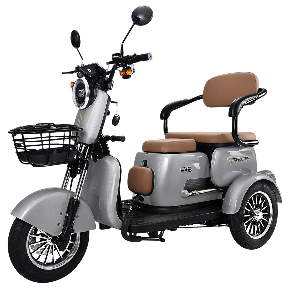 Triciclu electric Freejoyer FV6, motor 1000 W, baterie 60 V 20 Ah, anvelopă 10 x 3 inci, viteză maximă 25 km/h, autonomie 55 km, frână pe disc față și frână cu tambur spate, furcă hidraulică față - Gri