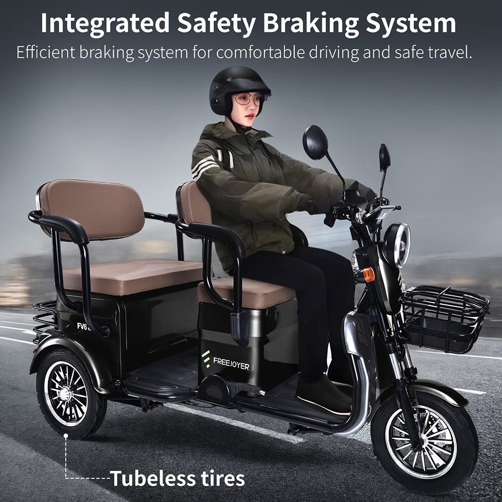 Triciclo eléctrico Freejoyer FV6 Max, motor de 1800 W, batería de 72 V 20 Ah, neumáticos de 10 x 3 pulgadas, velocidad máxima 25 km/h, autonomía 60 km, freno de disco delantero y freno de tambor trasero, horquilla delantera hidráulica - Negro