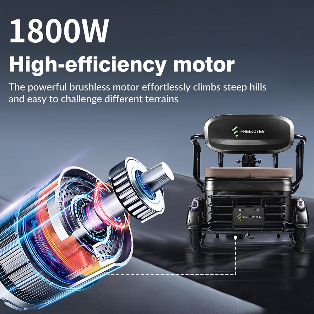 Triciclo eléctrico Freejoyer FV6 Max, motor de 1800 W, batería de 72 V 20 Ah, neumáticos de 10 x 3 pulgadas, velocidad máxima 25 km/h, autonomía 60 km, freno de disco delantero y freno de tambor trasero, horquilla delantera hidráulica - Negro