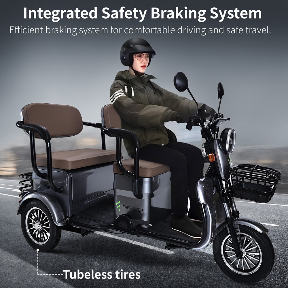 Triciclo eléctrico Freejoyer FV6 Max, motor de 1800 W, batería de 72 V 20 Ah, neumáticos de 10 x 3 pulgadas, velocidad máxima 25 km/h, autonomía 60 km, freno de disco delantero y freno de tambor trasero, horquilla delantera hidráulica - Gris