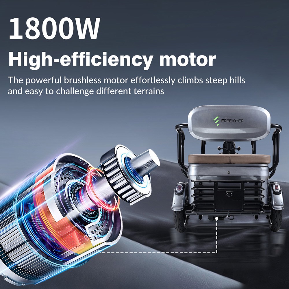 Triciclo eléctrico Freejoyer FV6 Max, motor de 1800 W, batería de 72 V 20 Ah, neumáticos de 10 x 3 pulgadas, velocidad máxima 25 km/h, autonomía 60 km, freno de disco delantero y freno de tambor trasero, horquilla delantera hidráulica - Gris