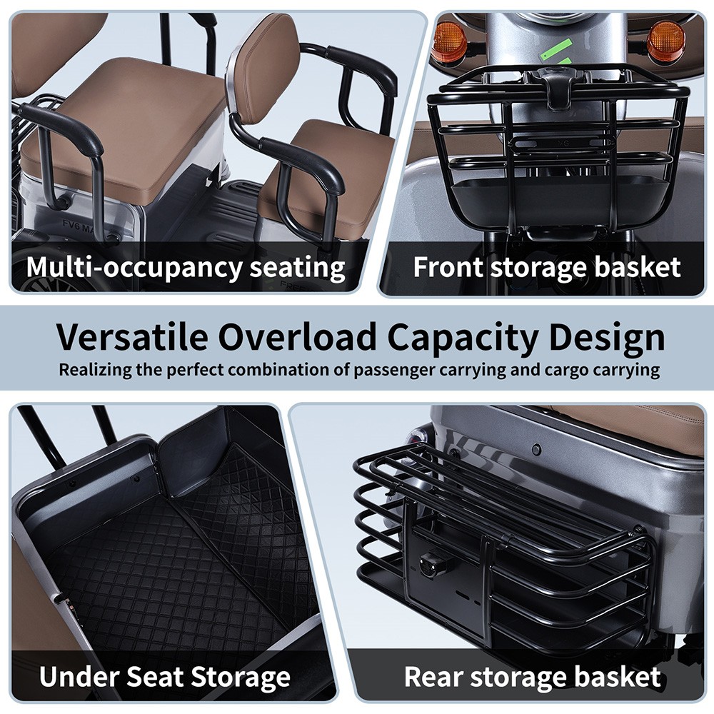 Triciclo eléctrico Freejoyer FV6 Max, motor de 1800 W, batería de 72 V 20 Ah, neumáticos de 10 x 3 pulgadas, velocidad máxima 25 km/h, autonomía 60 km, freno de disco delantero y freno de tambor trasero, horquilla delantera hidráulica - Gris