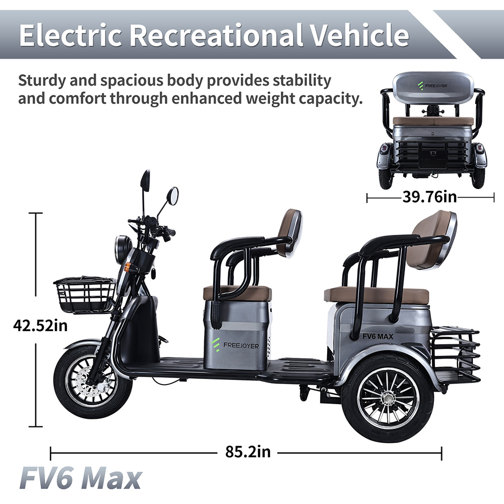 Triciclo eléctrico Freejoyer FV6 Max, motor de 1800 W, batería de 72 V 20 Ah, neumáticos de 10 x 3 pulgadas, velocidad máxima 25 km/h, autonomía 60 km, freno de disco delantero y freno de tambor trasero, horquilla delantera hidráulica - Gris
