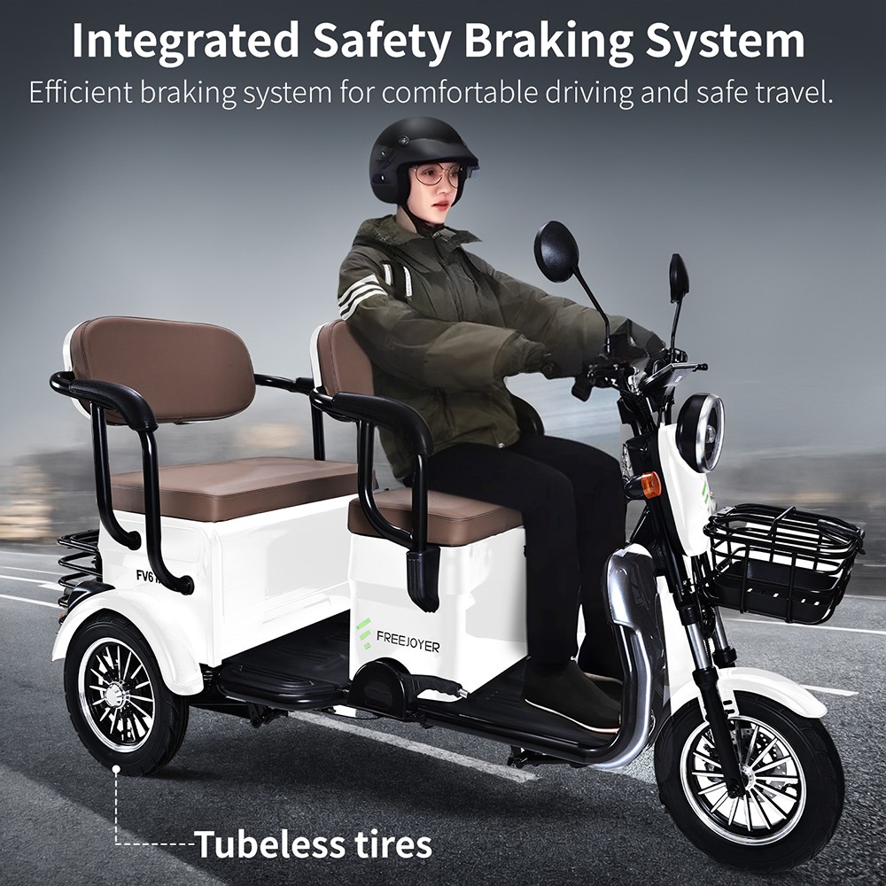 Rower trójkołowy elektryczny Freejoyer FV6 Max, silnik 1800 W, akumulator 72 V 20 Ah, opona 10 x 3 cale, prędkość maksymalna 25 km/h, zasięg 60 km, przedni hamulec tarczowy i tylny hamulec bębnowy, przedni widelec hydrauliczny - biały