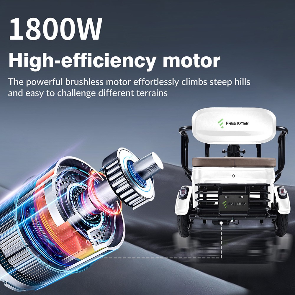 Rower trójkołowy elektryczny Freejoyer FV6 Max, silnik 1800 W, akumulator 72 V 20 Ah, opona 10 x 3 cale, prędkość maksymalna 25 km/h, zasięg 60 km, przedni hamulec tarczowy i tylny hamulec bębnowy, przedni widelec hydrauliczny - biały