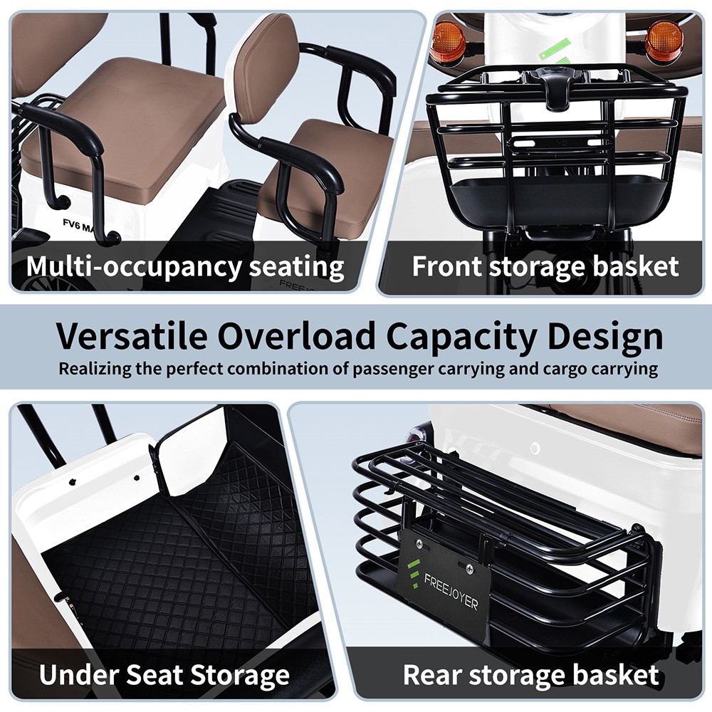 Rower trójkołowy elektryczny Freejoyer FV6 Max, silnik 1800 W, akumulator 72 V 20 Ah, opona 10 x 3 cale, prędkość maksymalna 25 km/h, zasięg 60 km, przedni hamulec tarczowy i tylny hamulec bębnowy, przedni widelec hydrauliczny - biały