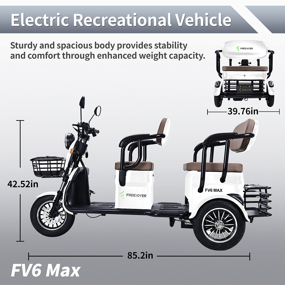 Rower trójkołowy elektryczny Freejoyer FV6 Max, silnik 1800 W, akumulator 72 V 20 Ah, opona 10 x 3 cale, prędkość maksymalna 25 km/h, zasięg 60 km, przedni hamulec tarczowy i tylny hamulec bębnowy, przedni widelec hydrauliczny - biały