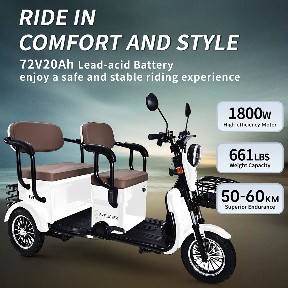 Rower trójkołowy elektryczny Freejoyer FV6 Max, silnik 1800 W, akumulator 72 V 20 Ah, opona 10 x 3 cale, prędkość maksymalna 25 km/h, zasięg 60 km, przedni hamulec tarczowy i tylny hamulec bębnowy, przedni widelec hydrauliczny - biały