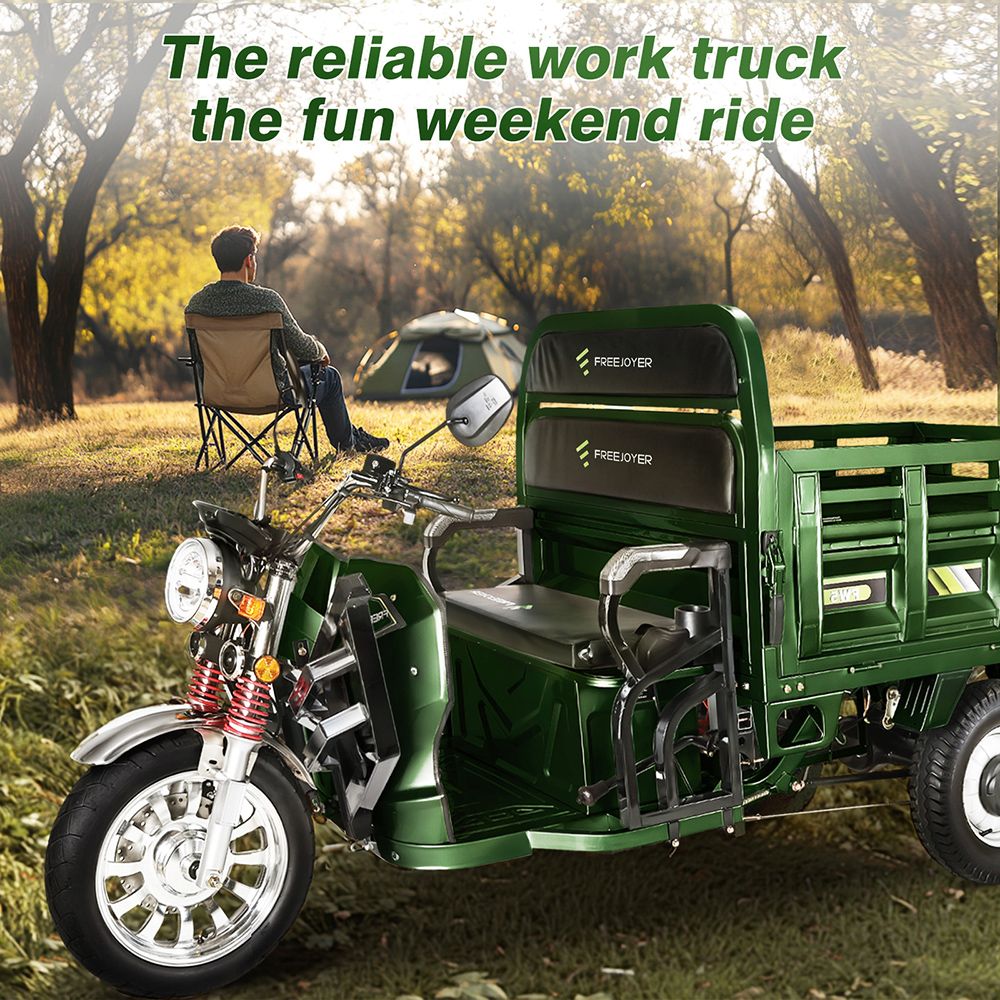 Elektryczny trójkołowy transportowy Freejoyer FW5, silnik 3000 W, akumulator 72 V 58 Ah, prędkość maksymalna 45 km/h, zasięg 86 km, przedni hamulec tarczowy i tylny hamulec bębnowy, amortyzacja przednia i tylna - zielona
