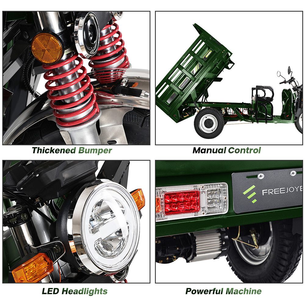 Elektryczny trójkołowy transportowy Freejoyer FW5, silnik 3000 W, akumulator 72 V 58 Ah, prędkość maksymalna 45 km/h, zasięg 86 km, przedni hamulec tarczowy i tylny hamulec bębnowy, amortyzacja przednia i tylna - zielona