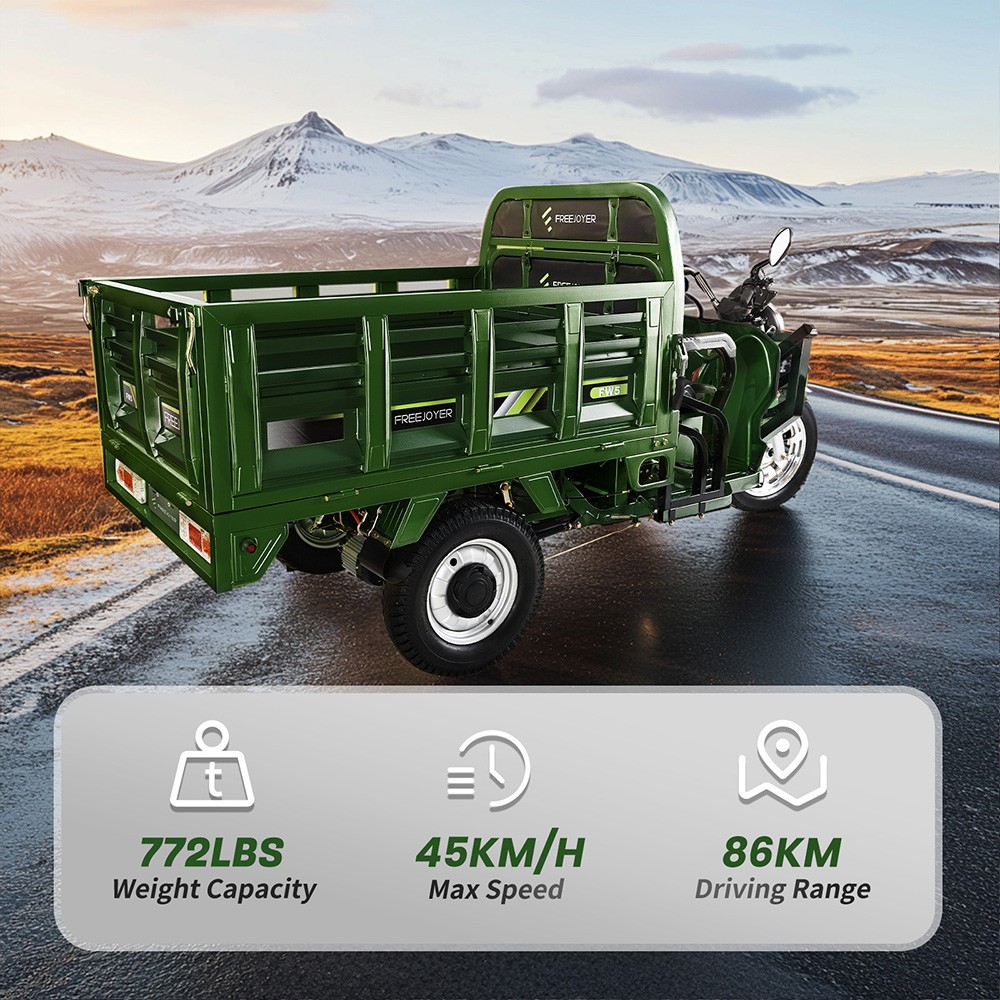 Elektryczny trójkołowy transportowy Freejoyer FW5, silnik 3000 W, akumulator 72 V 58 Ah, prędkość maksymalna 45 km/h, zasięg 86 km, przedni hamulec tarczowy i tylny hamulec bębnowy, amortyzacja przednia i tylna - zielona