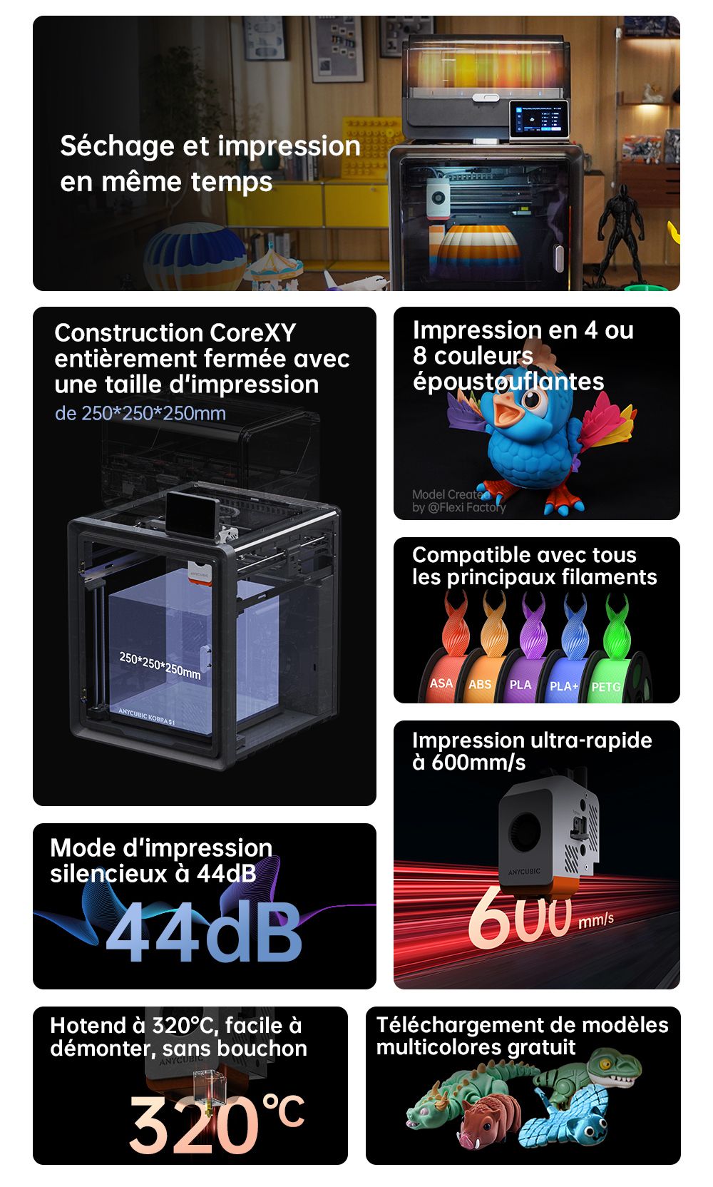 3D nyomtató Anycubic Kobra S1 kombináció, 8 élénk szín nyomtatása, ultragyors sebesség 600 mm/s, automatikus frissítés, 320 ° C nyomtatási fej, ultra-szituális 44 dB, CoreXy Construction, 250 x 250 x 250 mm
