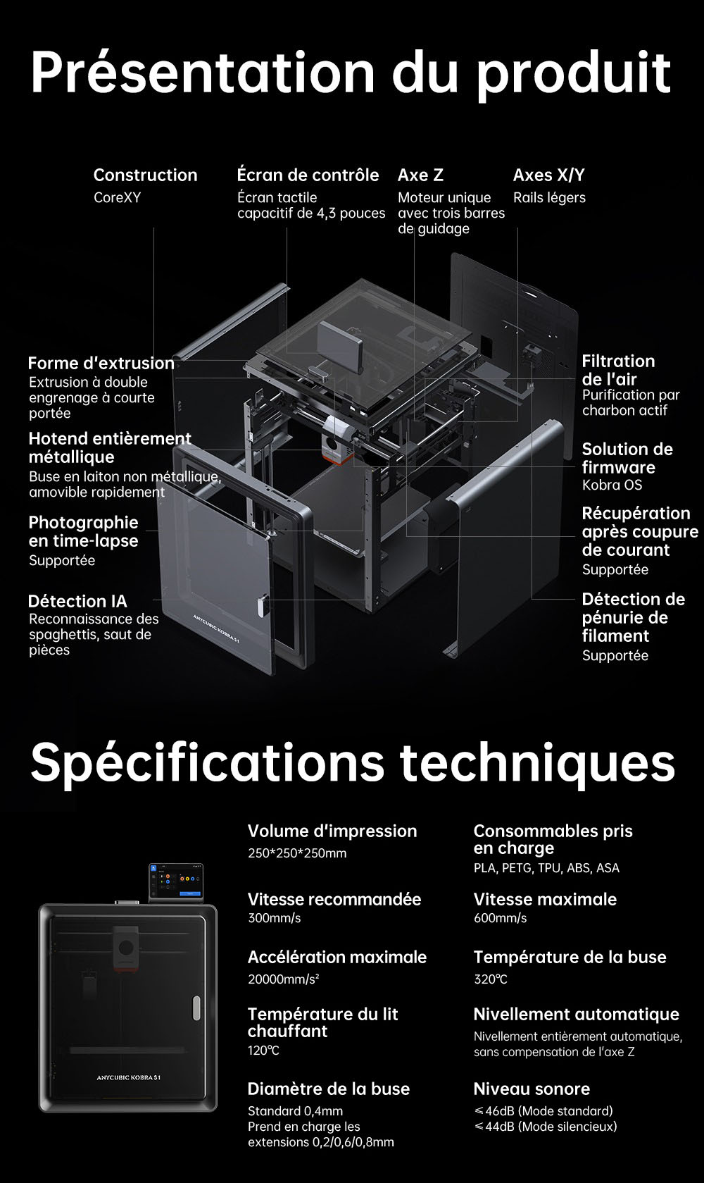 3D nyomtató Anycubic Kobra S1 kombináció, 8 élénk szín nyomtatása, ultragyors sebesség 600 mm/s, automatikus frissítés, 320 ° C nyomtatási fej, ultra-szituális 44 dB, CoreXy Construction, 250 x 250 x 250 mm