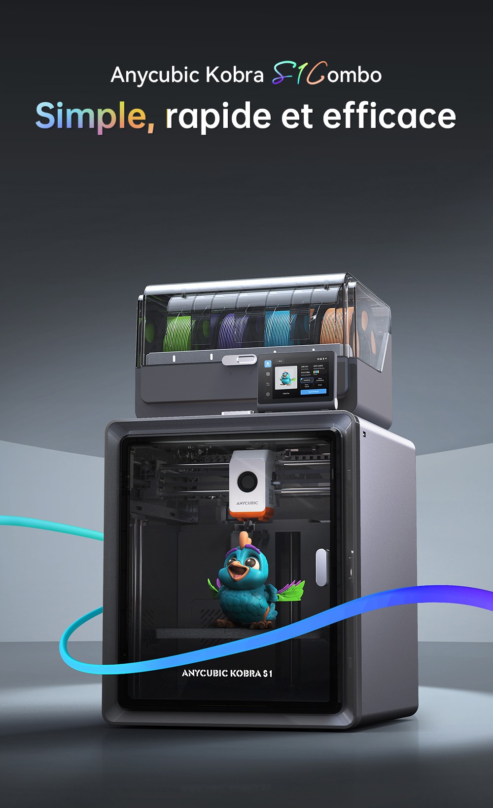 Stampante 3D ANYCUBIC KOBRA S1 COMBO, stampa a 8 colori vivaci, velocità super veloce 600 mm/s, livellamento automatico, testina di stampa 320°C, ultra silenziosa 44 dB, struttura CoreXY, 250 x 250 x 250 mm