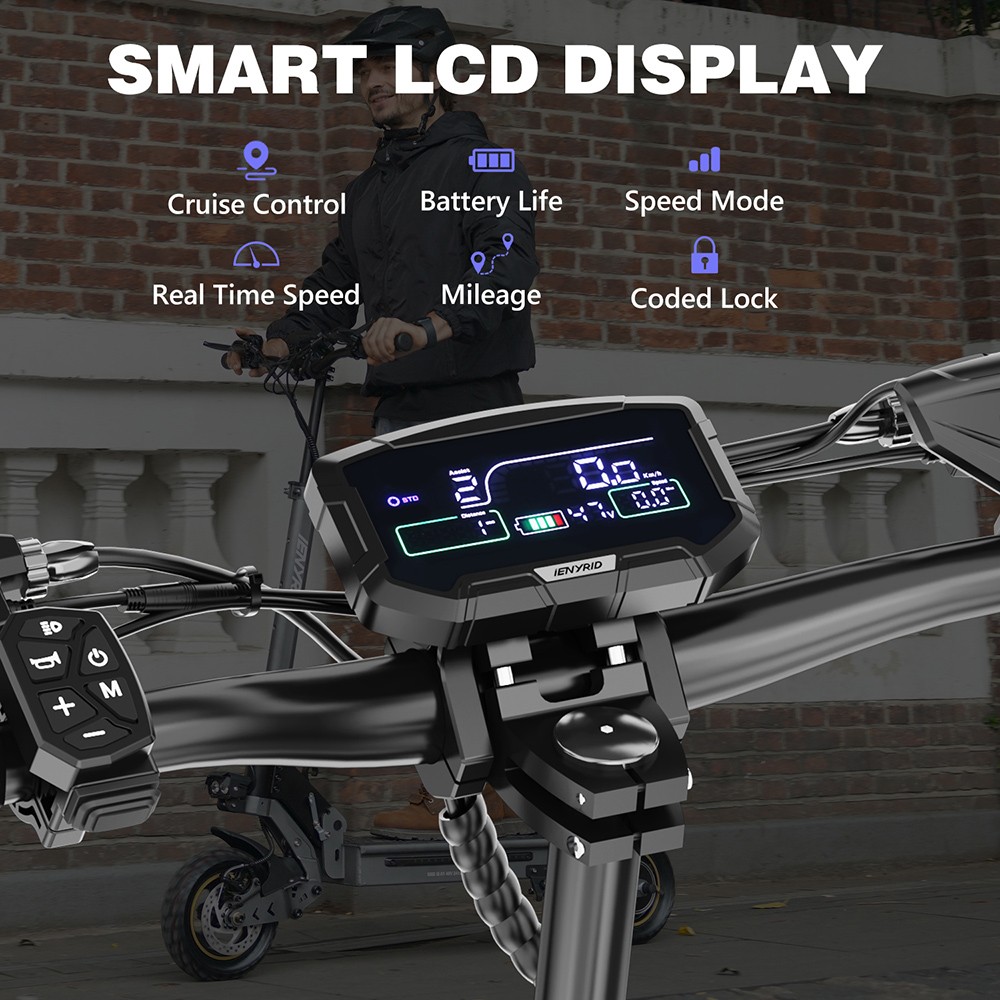 Skuter elektryczny iENYRID S1, silnik 250 W, akumulator 48 V 15 Ah, 10-calowe opony terenowe, prędkość maksymalna 25 km/h, zasięg 40 km, podwójne hamulce tarczowe, przednie i tylne hydrauliczne zawieszenie sprężynowe, wyświetlacz LCD