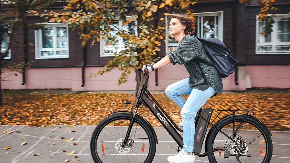 ONESPORT OT18 City Electric Bike, 26*2.35 inch wide Tires, 250W Motor 25km/h, 36V 14.4Ah Big Battery up to 100km Max Range,  Shimano 7-speed, Front Shock-absorbing fork, 25 Degree Climbing Bluetooth APP - Black