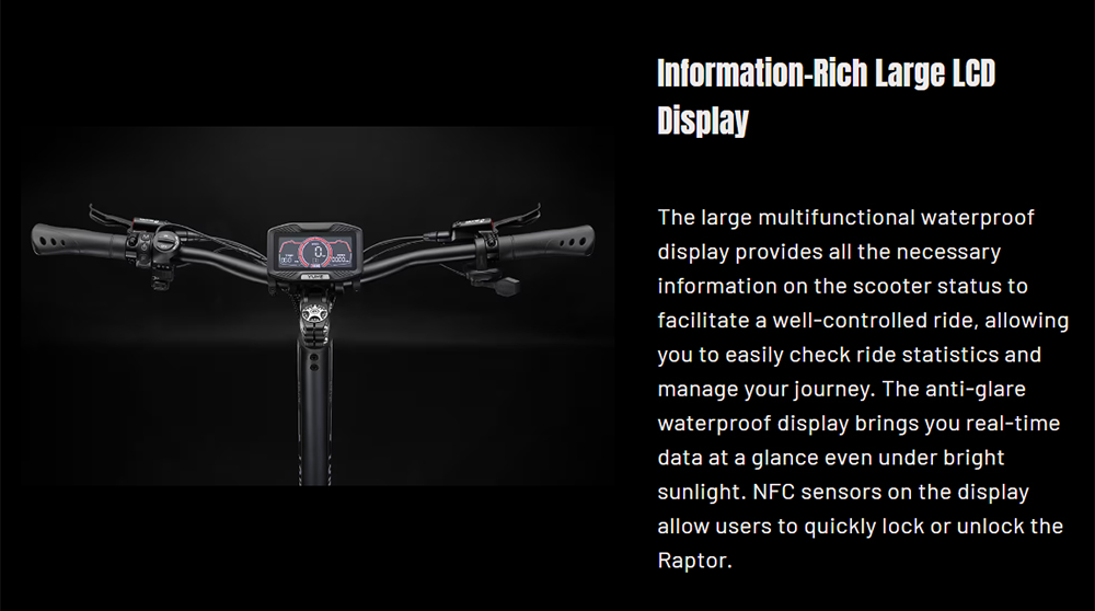 Trottinette électrique YUME Raptor, moteur 3000 W x 2, batterie 60 V 27 Ah, pneus de route 11 pouces, vitesse maximale 80 km/h, autonomie 90 km, freins hydrauliques + freins électriques, amortisseurs hydrauliques avant et arrière, écran LCD