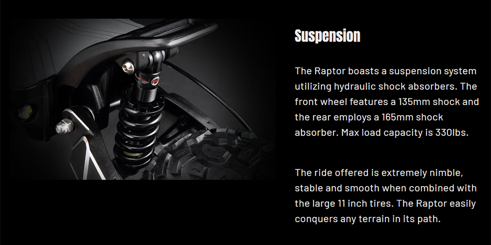 Trottinette électrique YUME Raptor, moteur 3000 W x 2, batterie 60 V 27 Ah, pneus de route 11 pouces, vitesse maximale 80 km/h, autonomie 90 km, freins hydrauliques + freins électriques, amortisseurs hydrauliques avant et arrière, écran LCD