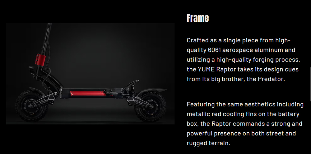Trottinette électrique YUME Raptor, moteur 3000 W x 2, batterie 60 V 27 Ah, pneus de route 11 pouces, vitesse maximale 80 km/h, autonomie 90 km, freins hydrauliques + freins électriques, amortisseurs hydrauliques avant et arrière, écran LCD