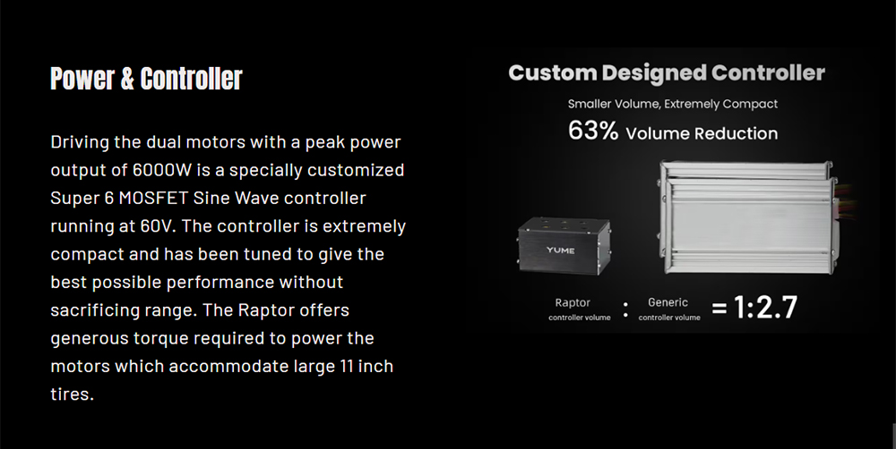 Trottinette électrique YUME Raptor, moteur 3000 W x 2, batterie 60 V 27 Ah, pneus de route 11 pouces, vitesse maximale 80 km/h, autonomie 90 km, freins hydrauliques + freins électriques, amortisseurs hydrauliques avant et arrière, écran LCD