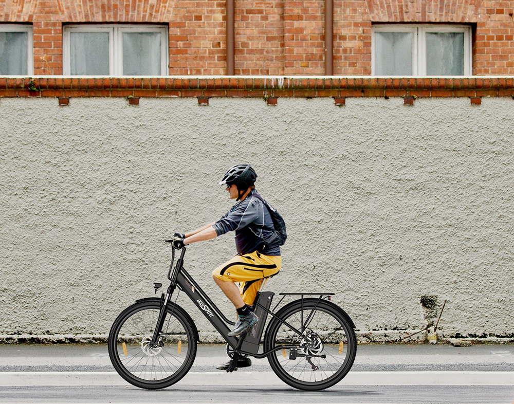 ONESPORT OT18 City Electric Bike, 26*2.35 inch wide Tires, 250W Motor 25km/h, 36V 14.4Ah Big Battery up to 100km Max Range,  Shimano 7-speed, Front Shock-absorbing fork, 25 Degree Climbing Bluetooth APP - Black