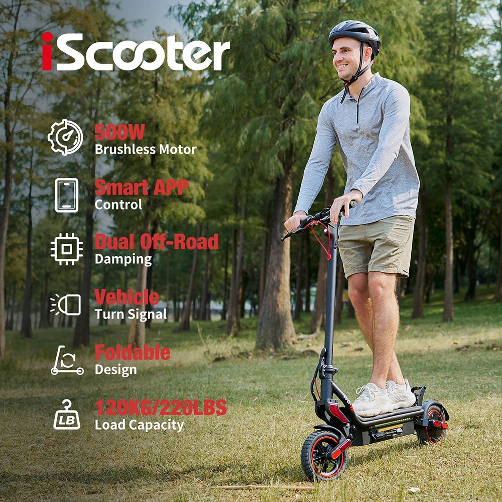 iScooter W8 Electric Scooter, 500W Motor, 48V 10.4Ah Battery, 9.3 Inch Tire, Max Speed ​​40km/h, Range 40km, Front Disc Brake + Rear Drum Brake, Double Shock Absorption, APP Control