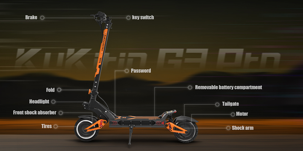 KuKirin G3 Pro 2024 Version 1200W*2 Motor terränggående elskoter 10 tums däck avtagbart batteri 52V 23,2Ah Räckvidd 80km Max hastighet 65km/h Dubbelt hydrauliskt stötdämparsystem IP54 Vattentät dubbel hydraulisk broms