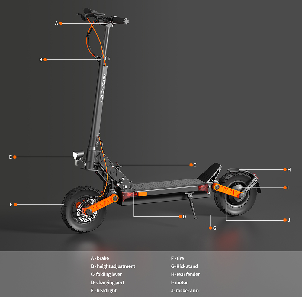 Hulajnoga elektryczna JOYOR S5-Z, akumulator 48 V 13 Ah, silnik 600 W, opony 10 x 3,0 cala, prędkość 25 km/h, zasięg 55 km, rama ze stopu aluminium, system 6 świateł, kierunkowskazy, podwójny hamulec tarczowy - czarny