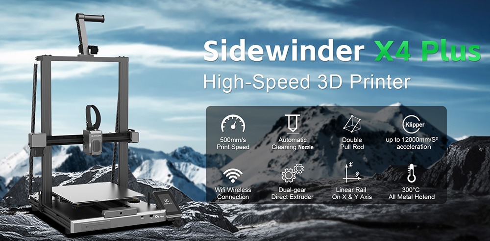 Artillery Sidewinder x4 más impresora 3D, 300*300*400 mm, velocidad de impresión 500 mm/s, impresión de alta temperatura 300 ℃, riel de guía lineal xy-metal, actualización automática, ventiladores de enfriamiento eficientes 8000 RPM