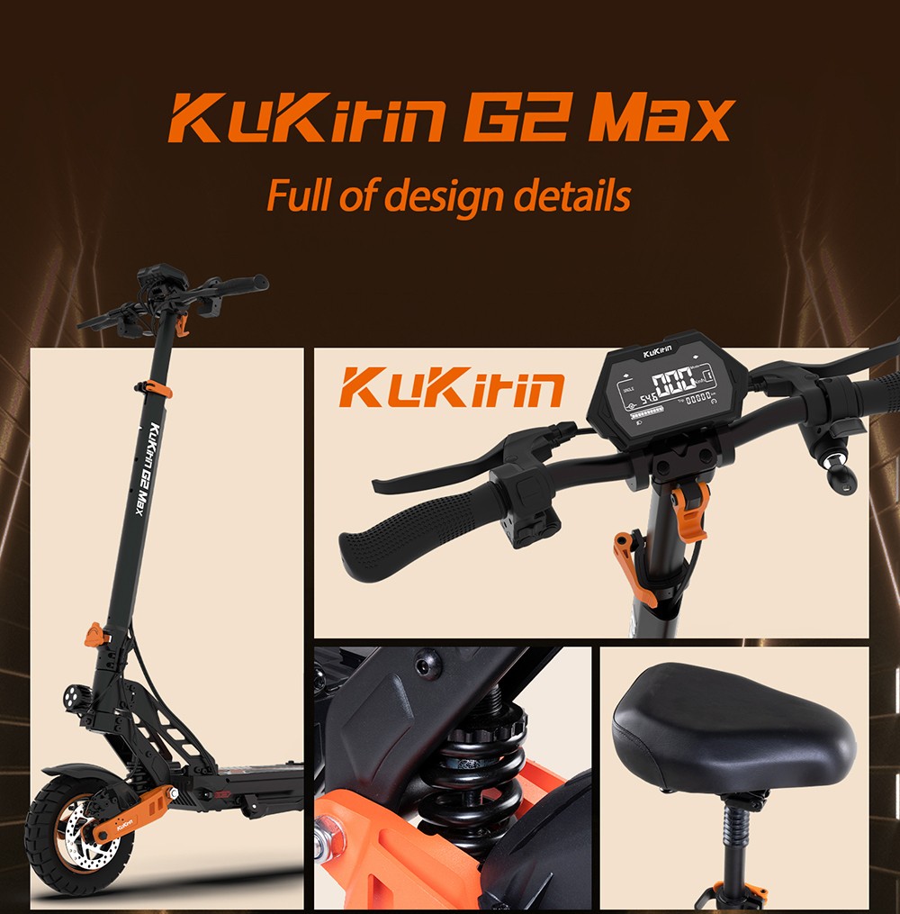 KuKirin G2 Max elskoter 10-tums terrängdäck 1000 W motor Maxhastighet 55 km/h 48 V 20 Ah batteri Räckvidd 80 km Max belastning 120 kg Avtagbar sits Justerbar höjd