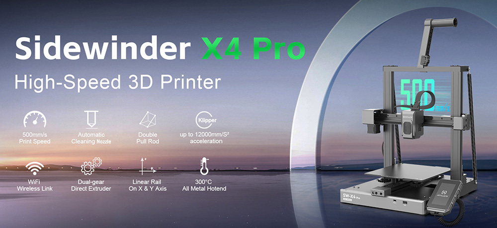 Artilerie Sidewinder X4 Pro 3D imprimantă, 240*240*260mm, 500mm/s viteză de imprimare, axa de șină liniară x y, extruder de acționare directă, nivel automat 81 puncte, tijă de tracțiune dublă, duză de curățare automată