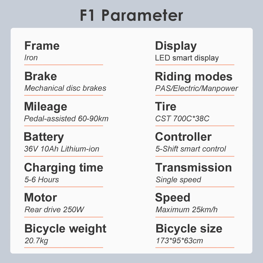 FAFREES F1 Electric Bike, 250 W motor, 36 V 10 AH -batteri, 700C X 38C CST -däck, maximal hastighet 25 km/h, maximalt 90 km intervall, dubbel mekaniska skivbromsar - vit orange