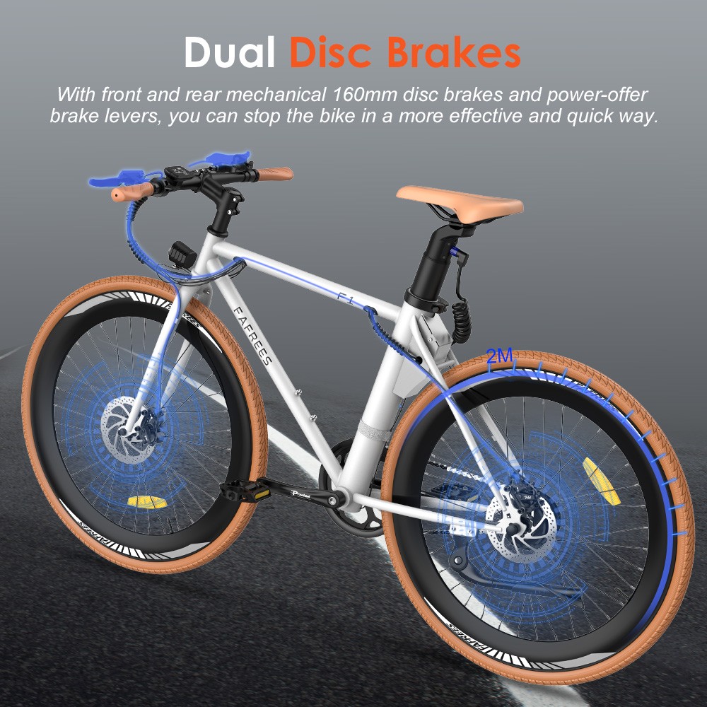 FAFREES F1 Electric Bike, 250 W motor, 36 V 10 AH -batteri, 700C X 38C CST -däck, maximal hastighet 25 km/h, maximalt 90 km intervall, dubbel mekaniska skivbromsar - vit orange