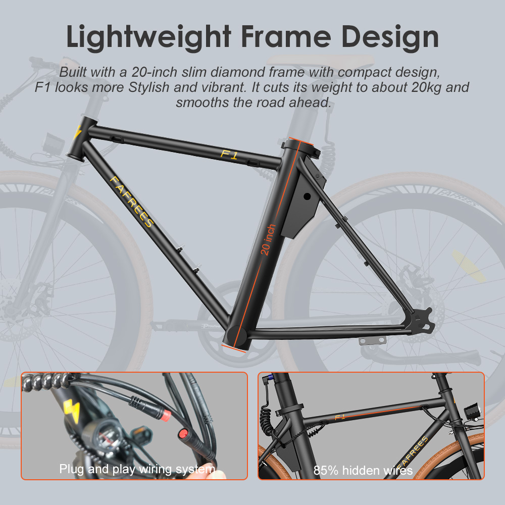 FAFREES F1 Electric Bike, 250 W motor, 36 V 10 AH -batteri, 700C X 38C CST -däck, maximal hastighet 25 km/h, maximalt 90 km intervall, dubbel mekaniska skivbromsar - vit orange