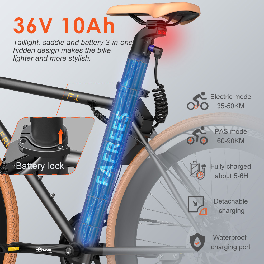 FAFREES F1 Electric Bike, 250 W motor, 36 V 10 AH -batteri, 700C X 38C CST -däck, maximal hastighet 25 km/h, maximalt 90 km intervall, dubbel mekaniska skivbromsar - vit orange