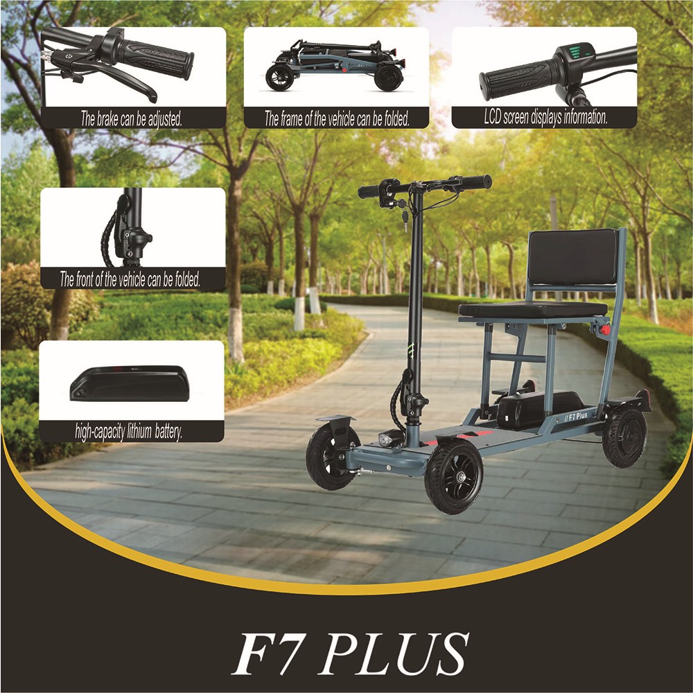 Czterokołowy skuter elektryczny Freejoyer F7 Plus z siedziskiem, silnik 300 W, akumulator 36 V 21 Ah, maksymalna prędkość 15 km/h, maksymalny zasięg 35 km - szary niebieski