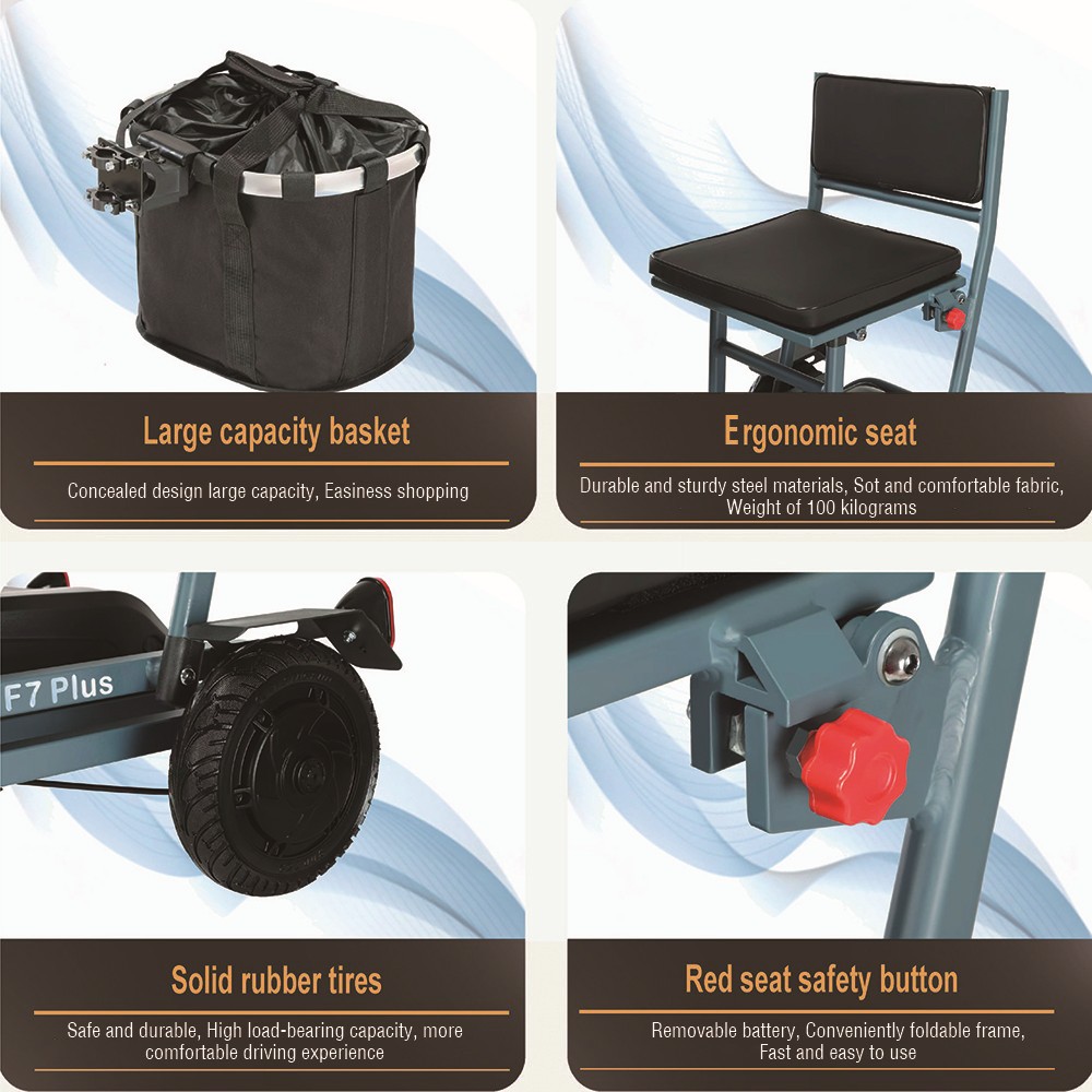 Czterokołowy skuter elektryczny Freejoyer F7 Plus z siedziskiem, silnik 300 W, akumulator 36 V 21 Ah, maksymalna prędkość 15 km/h, maksymalny zasięg 35 km - szary niebieski