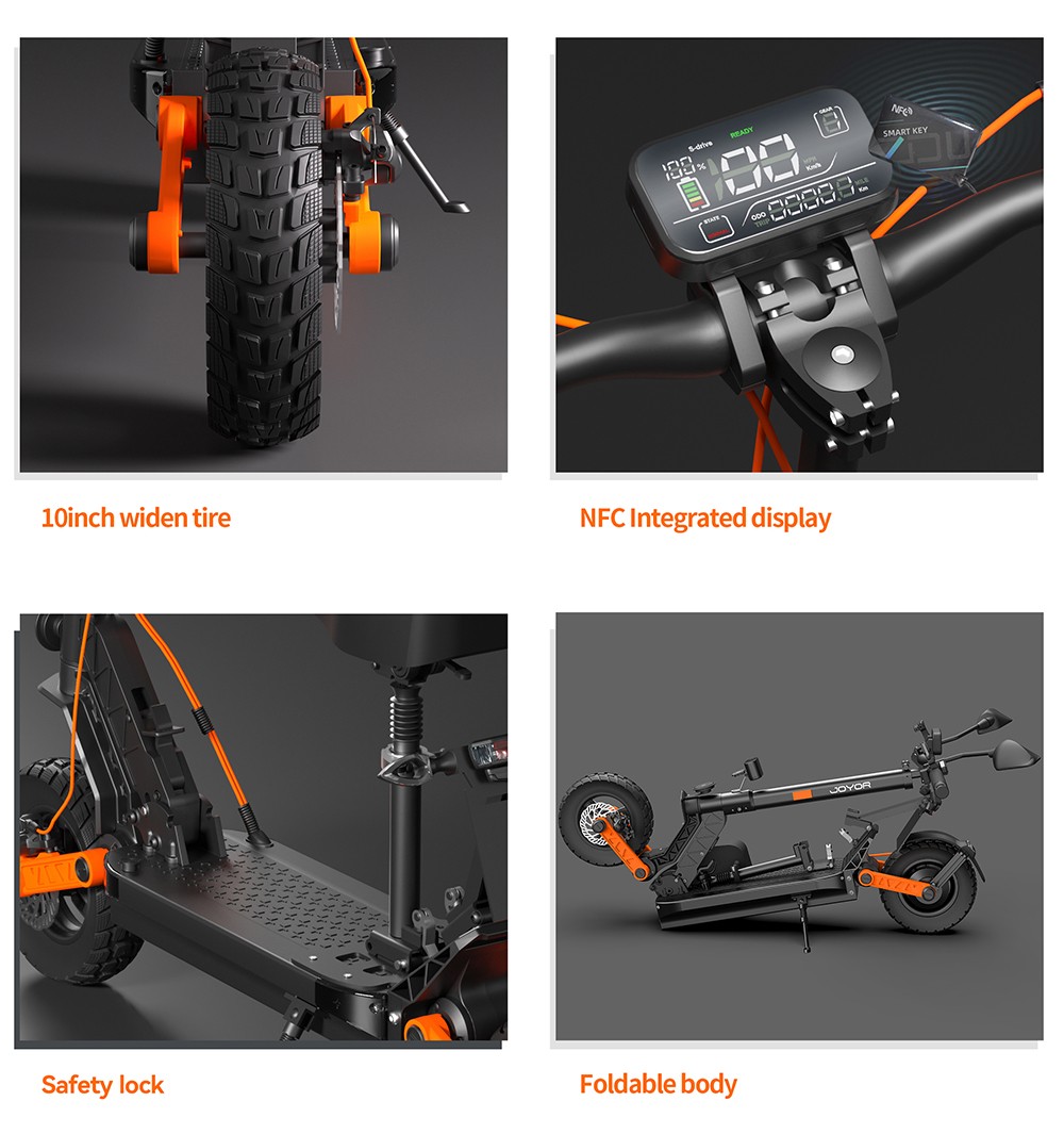 Hulajnoga elektryczna JOYOR S8E, silnik 800 W, akumulator 48 V 26 Ah, opony 10 cali, prędkość maksymalna 45 km/h, zasięg 80 km, hamulec tarczowy przód i tył, amortyzator przód i tył