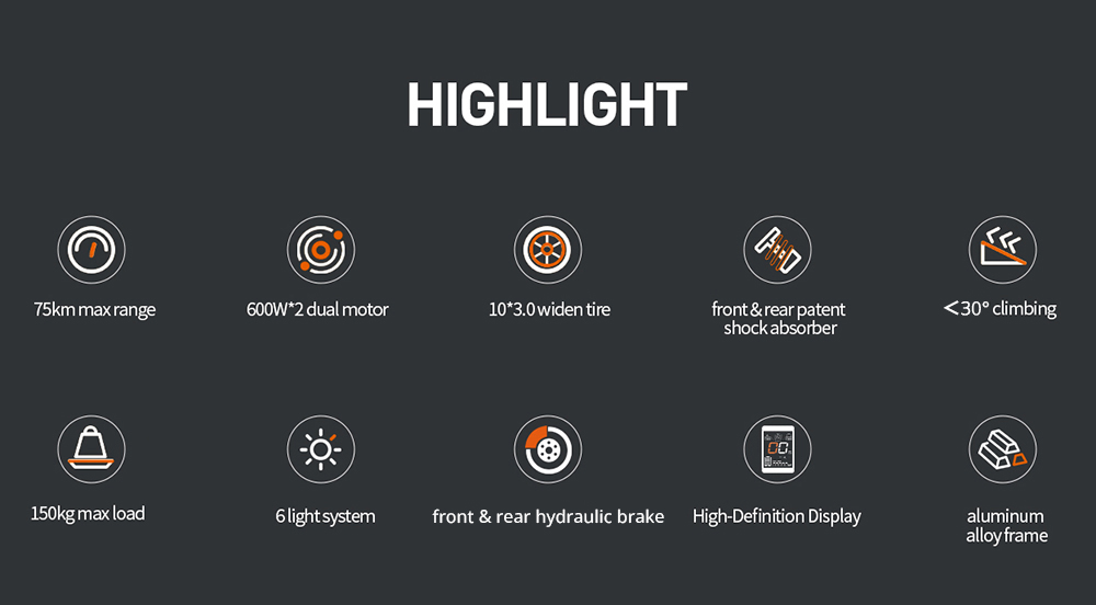 Trotineta electrica Joyor S8-S-Z cu semnal de viraj, motor 600 W x 2, baterie 48 V 26 Ah, anvelopa 10 inch, viteza maxima 55 km/h, autonomia 75 km, frane hidraulice duble, amortizoare fata si spate, sistem 6 lumini