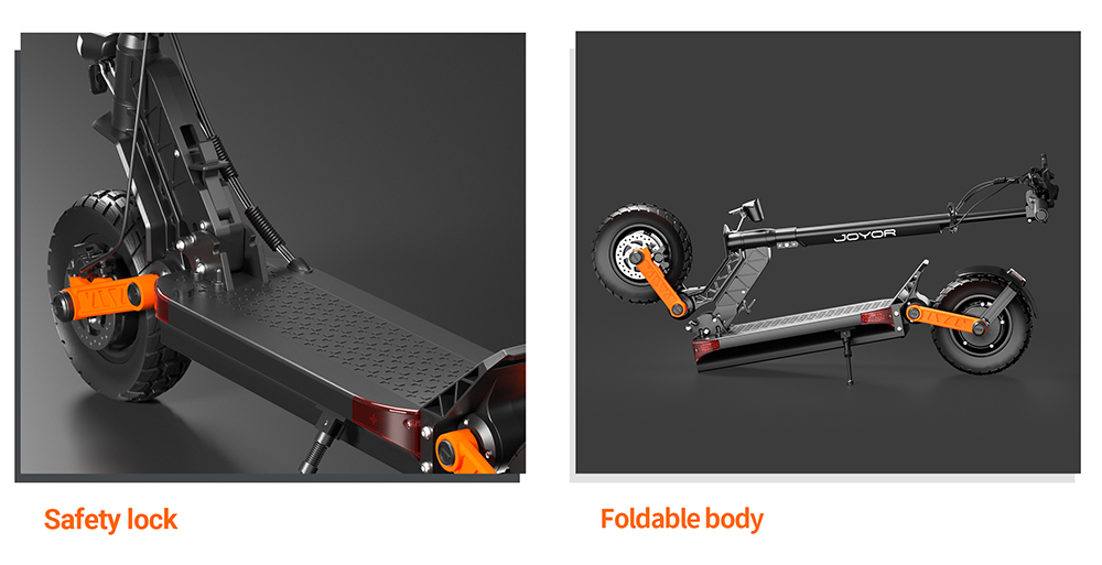 Trotineta electrica Joyor S8-S-Z cu semnal de viraj, motor 600 W x 2, baterie 48 V 26 Ah, anvelopa 10 inch, viteza maxima 55 km/h, autonomia 75 km, frane hidraulice duble, amortizoare fata si spate, sistem 6 lumini