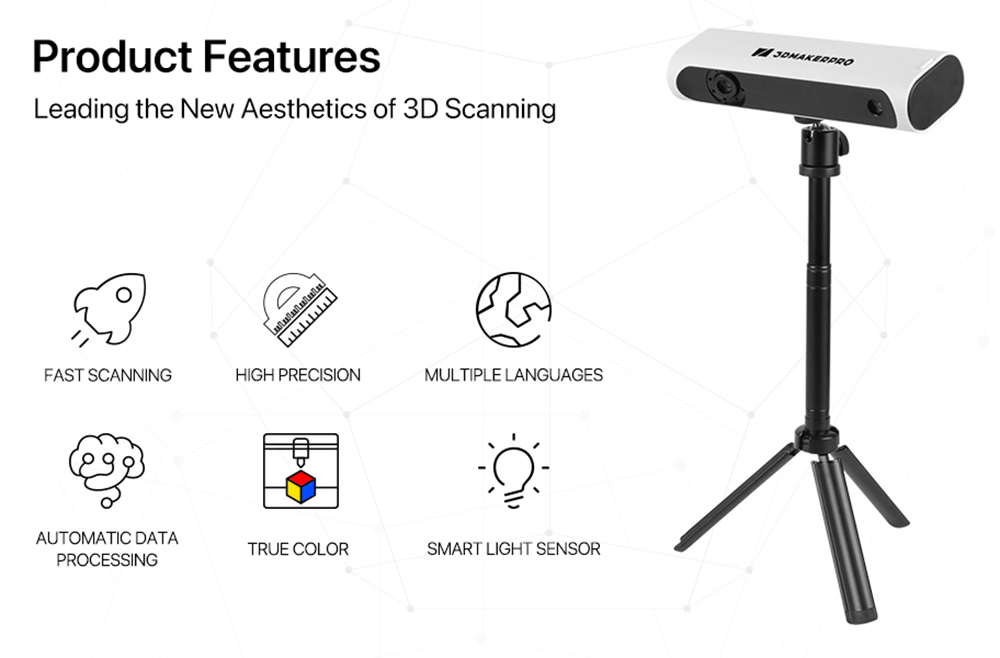 3DMakerpro Lynx 3D Scanner Luxury Edition, přesnost 0,10 mm, rozlišení 0,30 mm, snímková frekvence 10 snímků za sekundu, bílé světlo třídy 1, vizuální sledování, 250 x 400 mm rozsah jednoho snímání