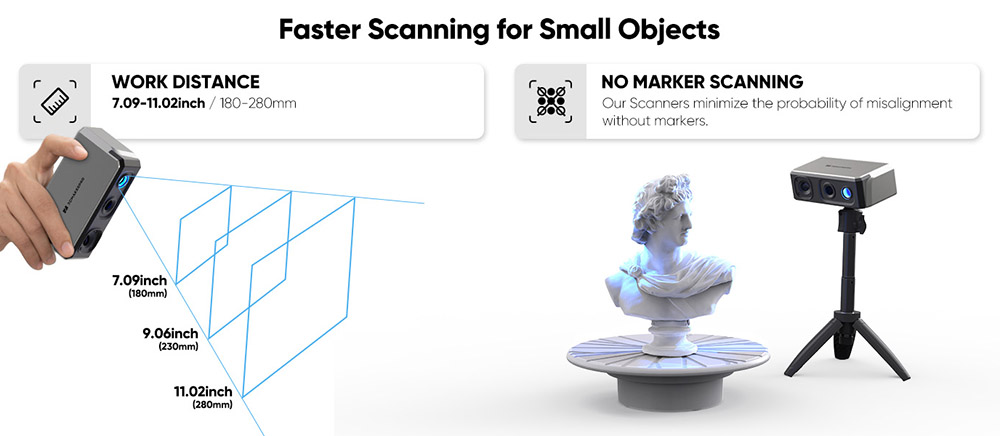 3DMakerpro Seal Lite 3D Scanner, précision de 0.02 mm, résolution de 0.07 mm, lentilles anti-tremblement, cadre 10 ips, suivi visuel