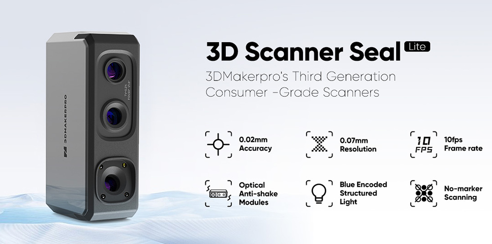 3DMAKERPRO SEAL LITE 3D-skanner, 0,02 mm precision, 0,07 mm upplösning, anti-spänningslinser, 10 IPS-ram, visuell övervakning